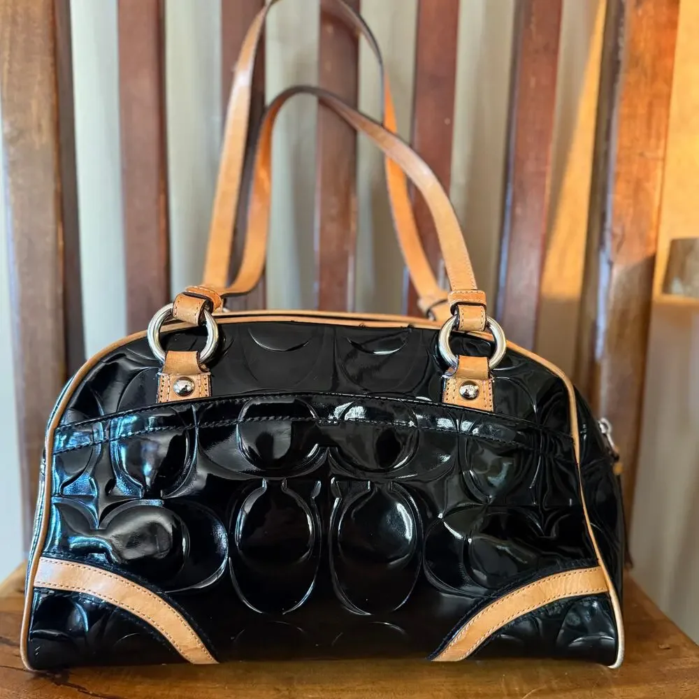 Coach Peyton Signature Embossed Patent Leather Satchel Black/Tan